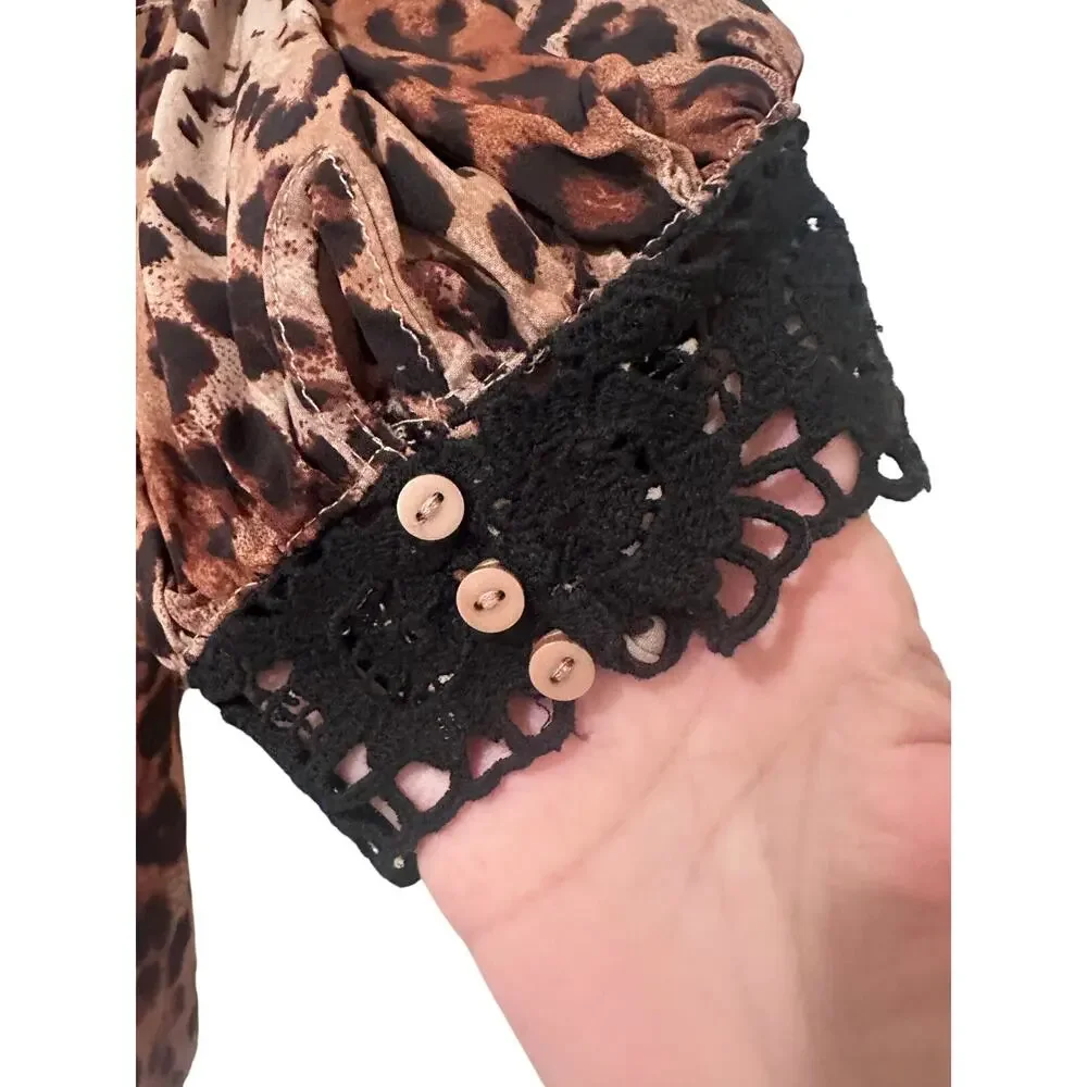 Free People Leopard Print Button-Up Short Sleeve Puff SleeveTop Soft Girl S